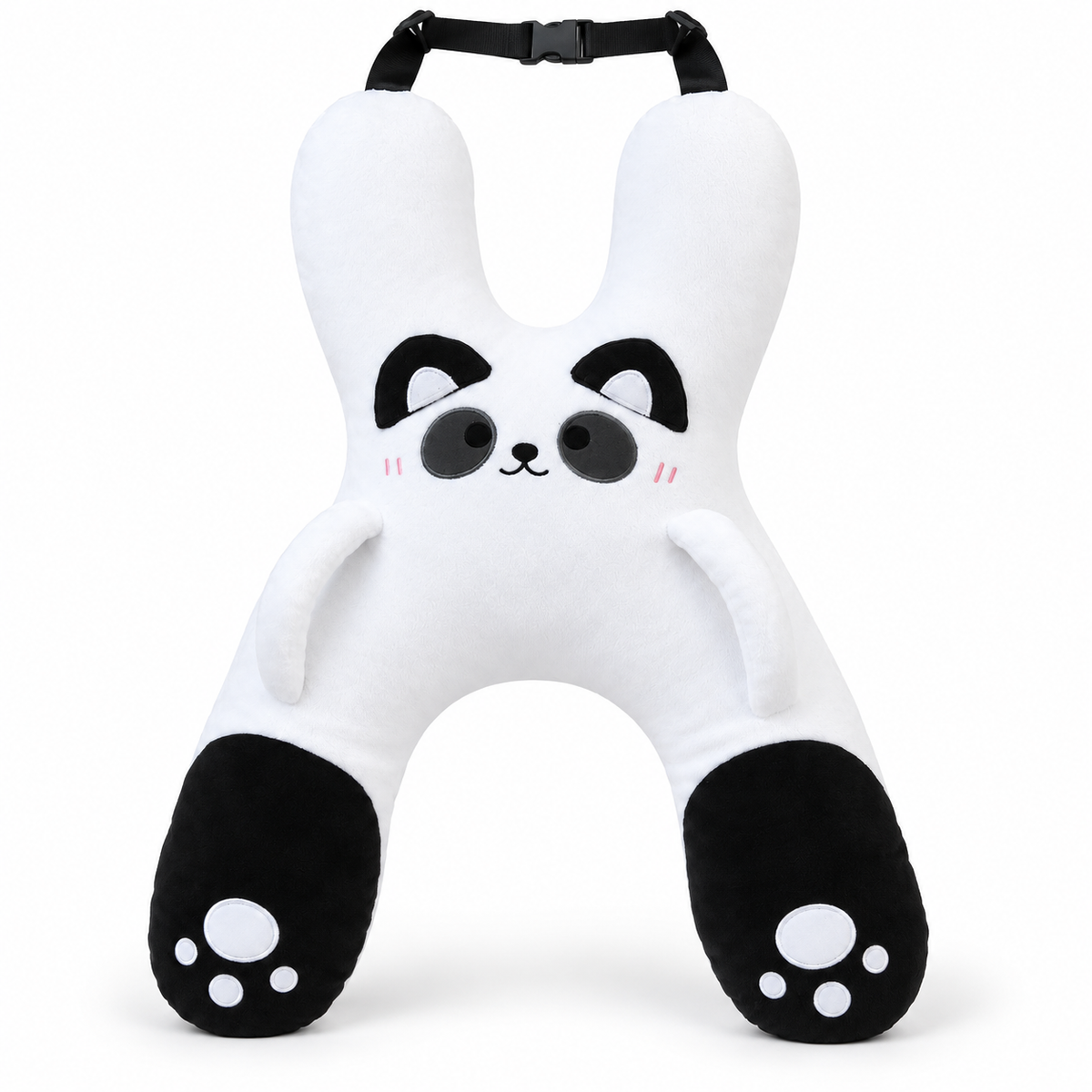 Black White Panda kids car travel pillow — studio front view