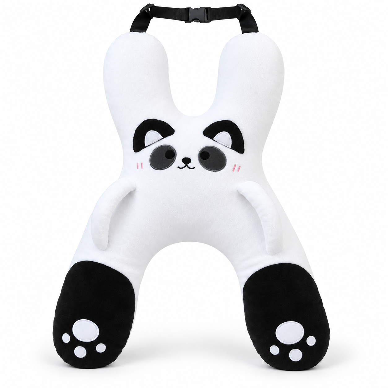 Black White Panda kids car travel pillow — studio front view