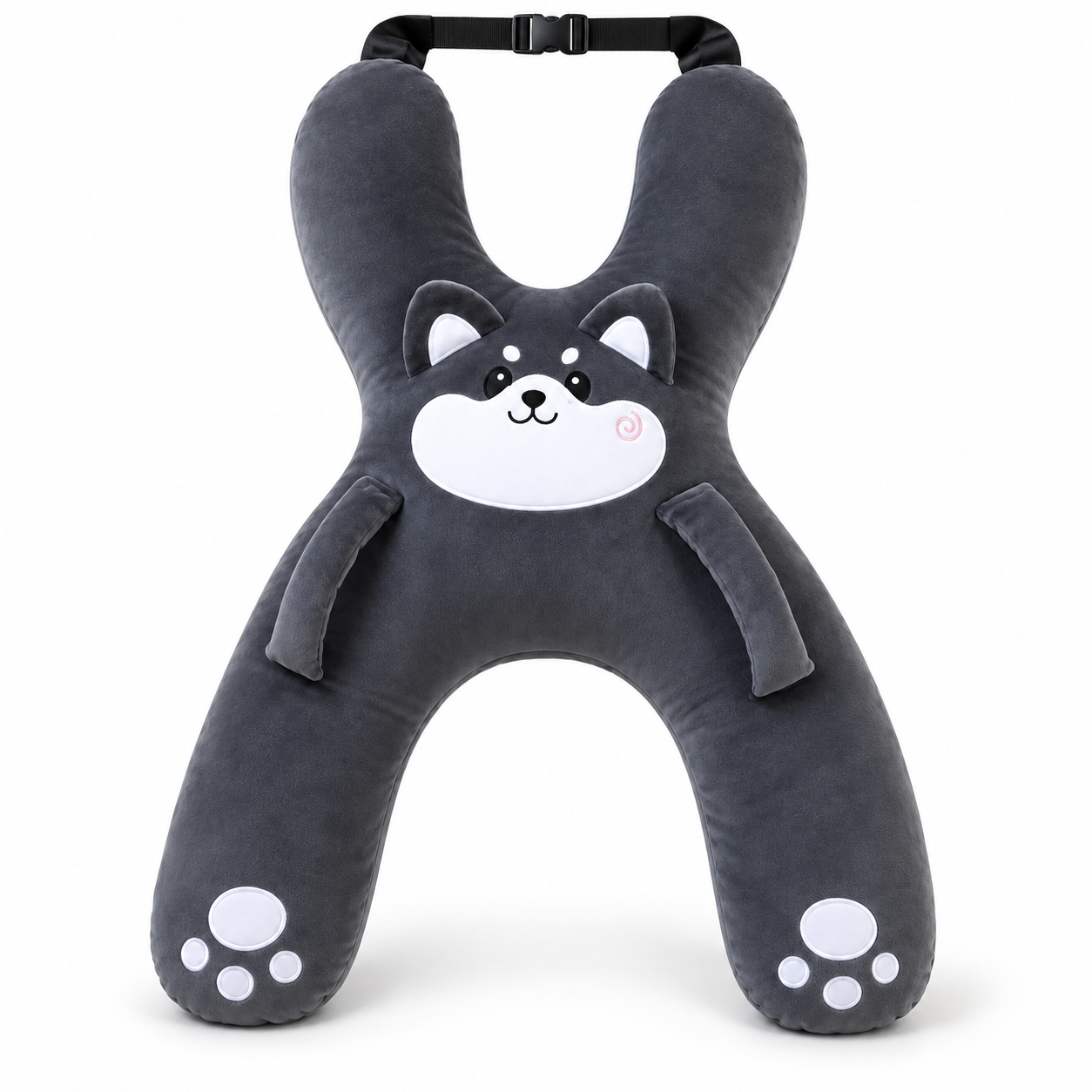 Grey Husky kids car travel pillow — studio front view