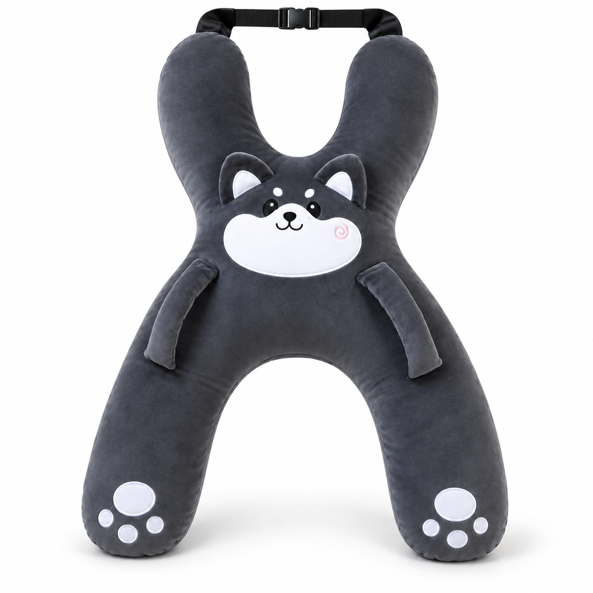 Grey Husky kids car travel pillow — studio front view