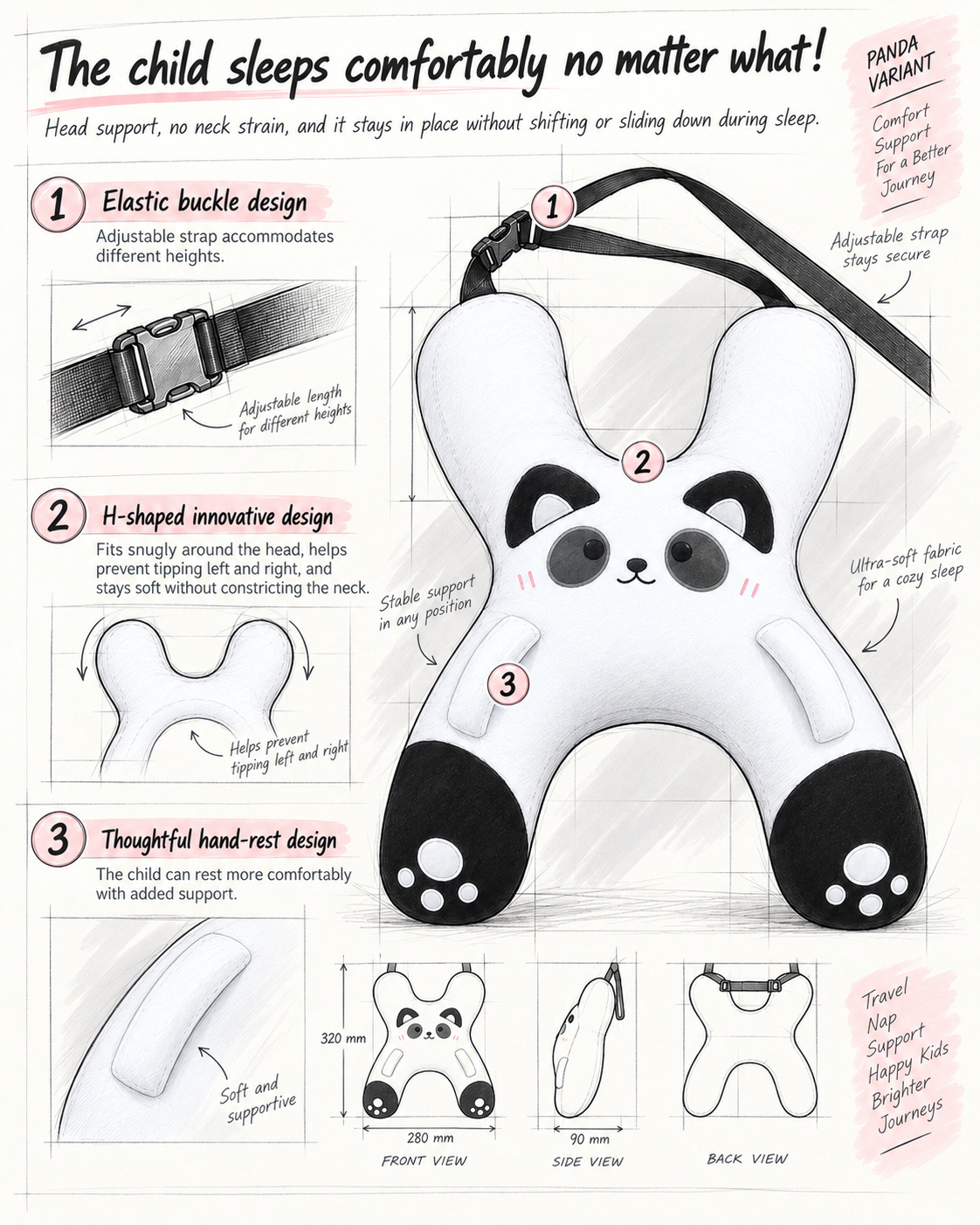 Black White Panda kids car travel pillow — support and dimensions guide
