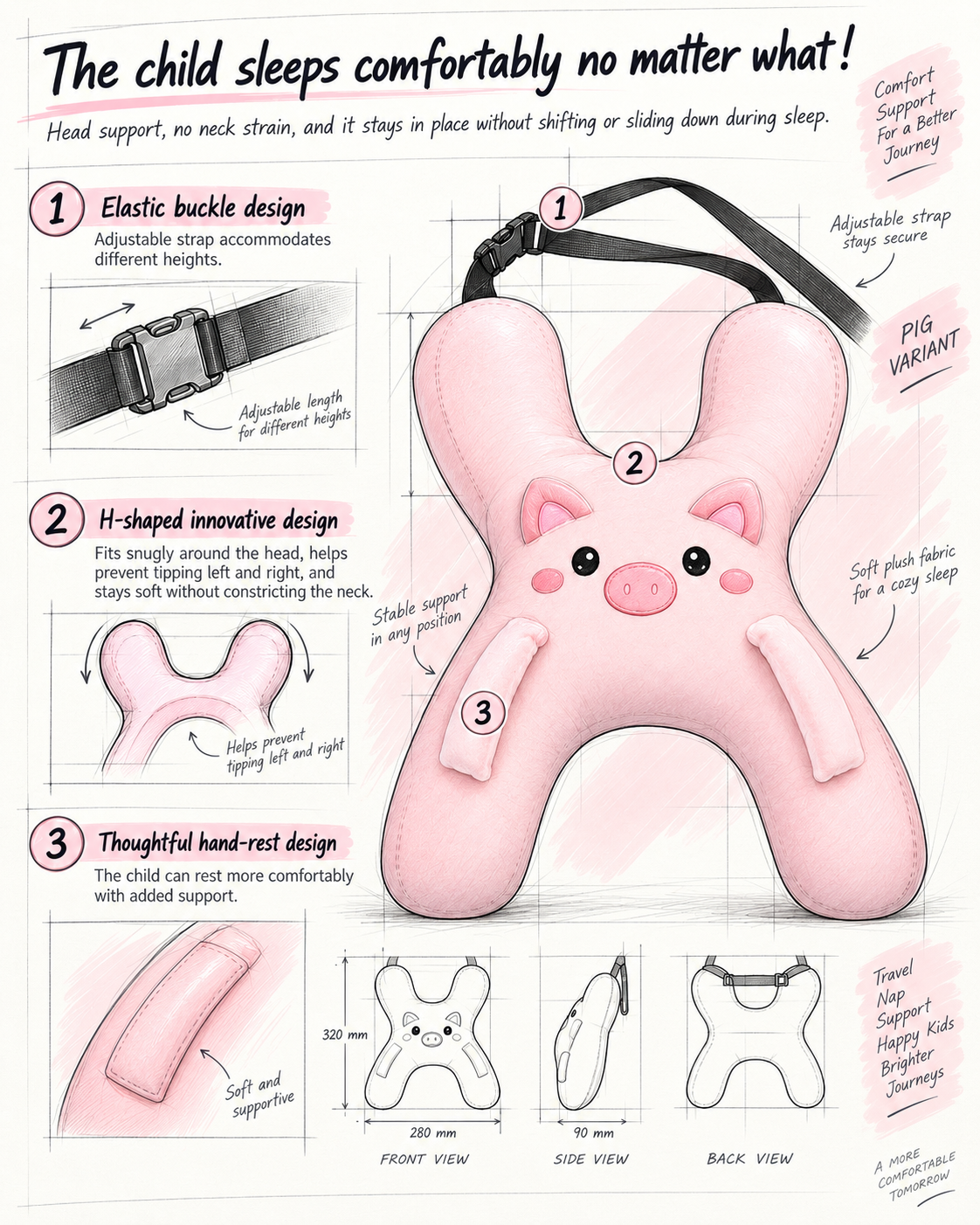 Pink Pig kids car travel pillow — support and dimensions guide