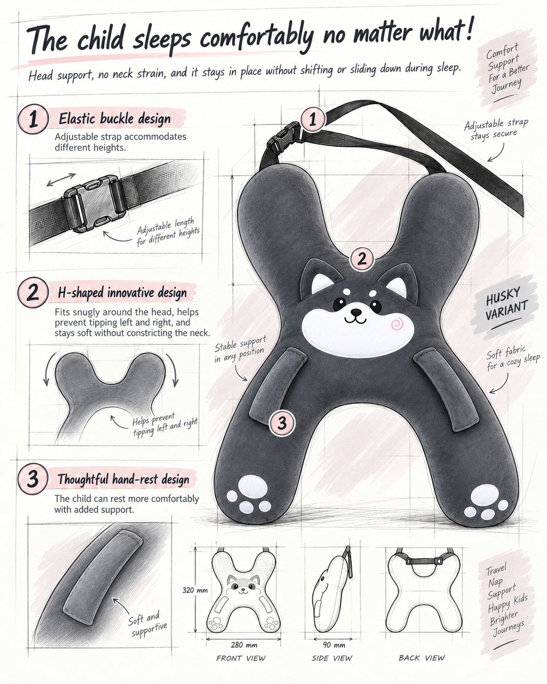 Grey Husky kids car travel pillow — support and dimensions guide