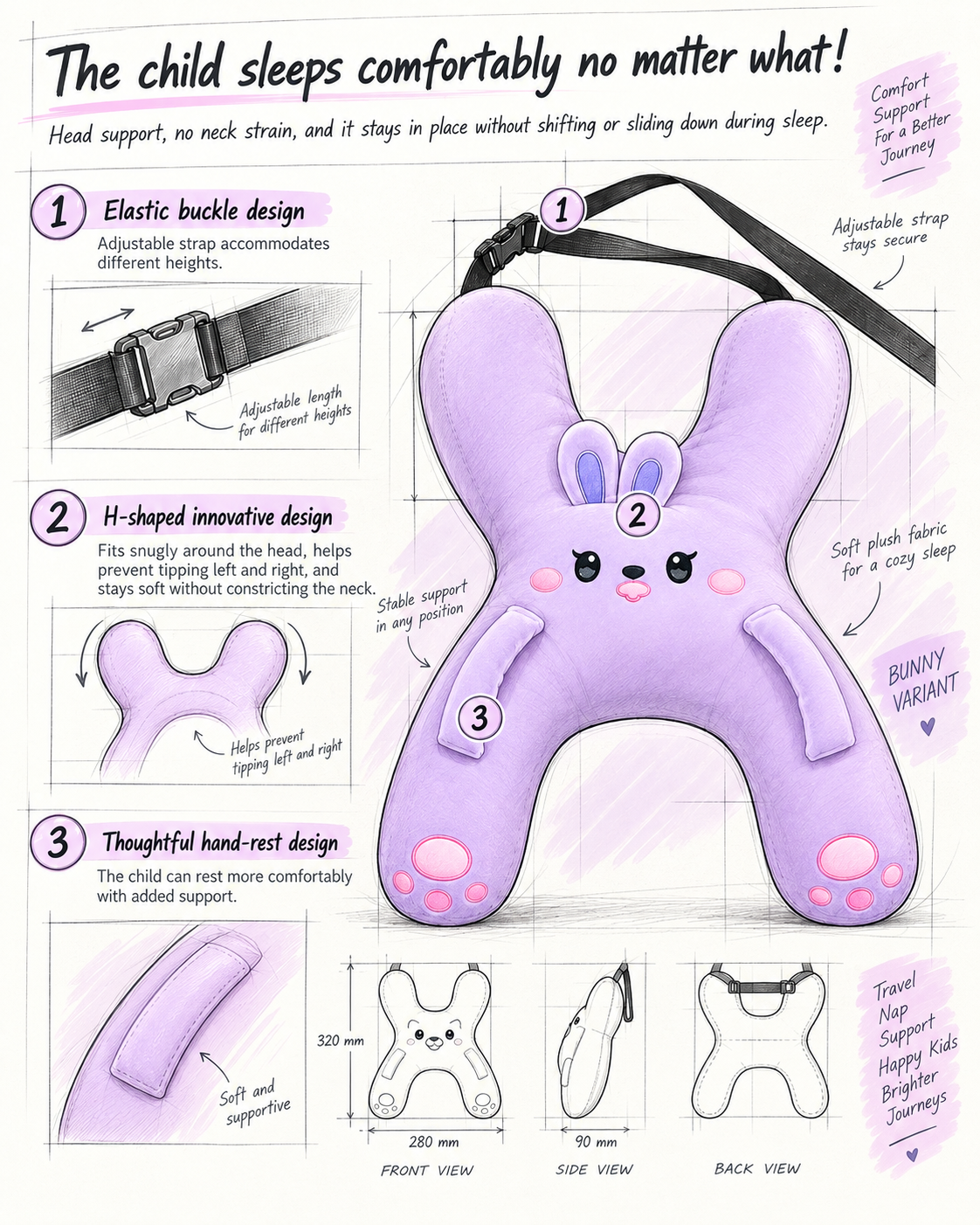 Purple Bunny kids car travel pillow — support and dimensions guide